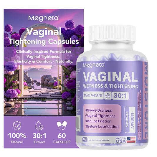 MEGNETA vaginal tightening bottle pour shows easy daily dosage for elasticity support.