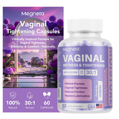 MEGNETA vaginal tightening bottle pour shows easy daily dosage for elasticity support.