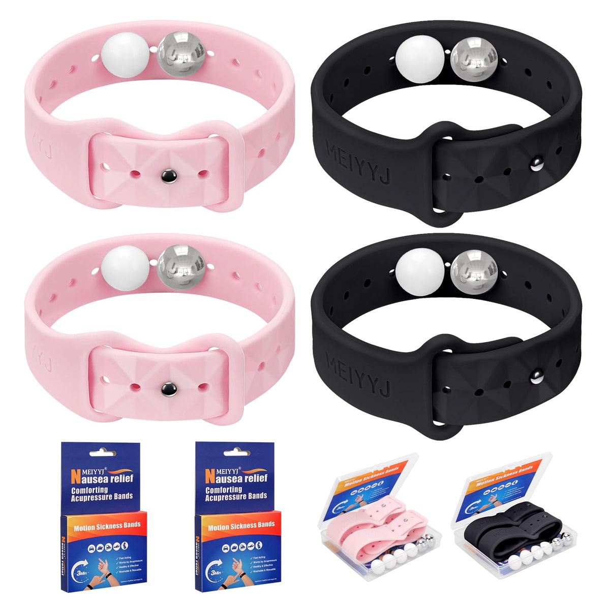 MEIYYJ Motion Bands black pair worn on wrist for travel comfort.
