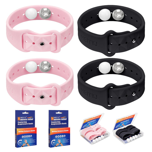 MEIYYJ Motion Bands black pair worn on wrist for travel comfort.