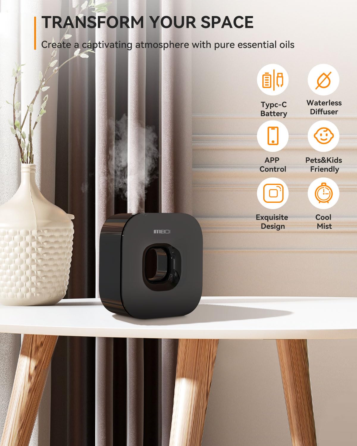 MEIDI waterless diffuser battery power option for cordless portability.