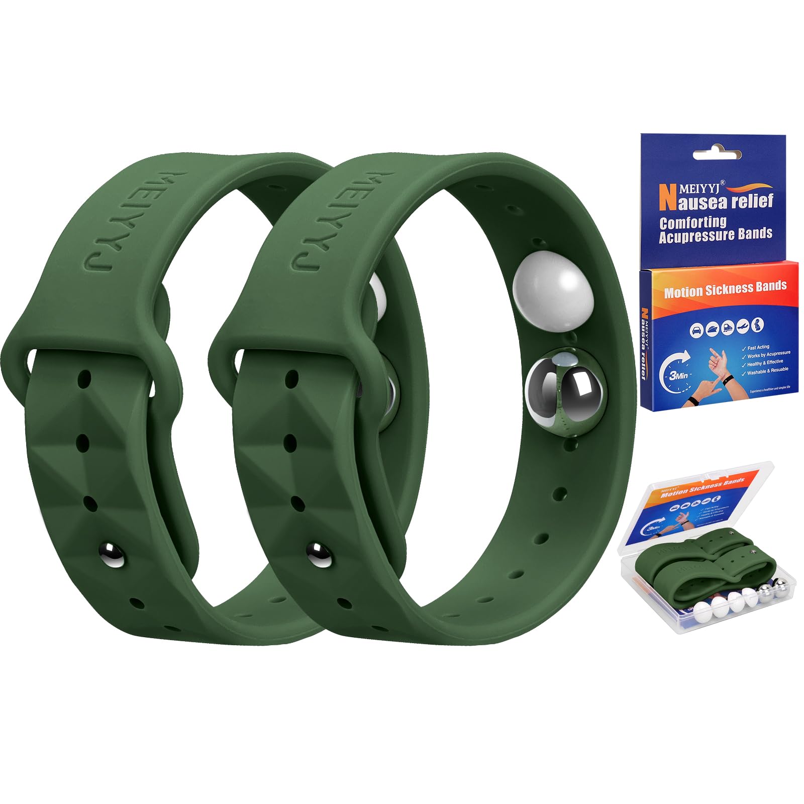 MEIYYJ Morning Sickness Relief Wristbands worn on the wrist for portable nausea relief during travel.