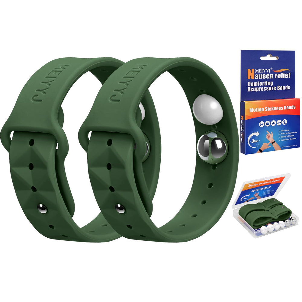 MEIYYJ Morning Sickness Relief Wristbands worn on the wrist for portable nausea relief during travel.