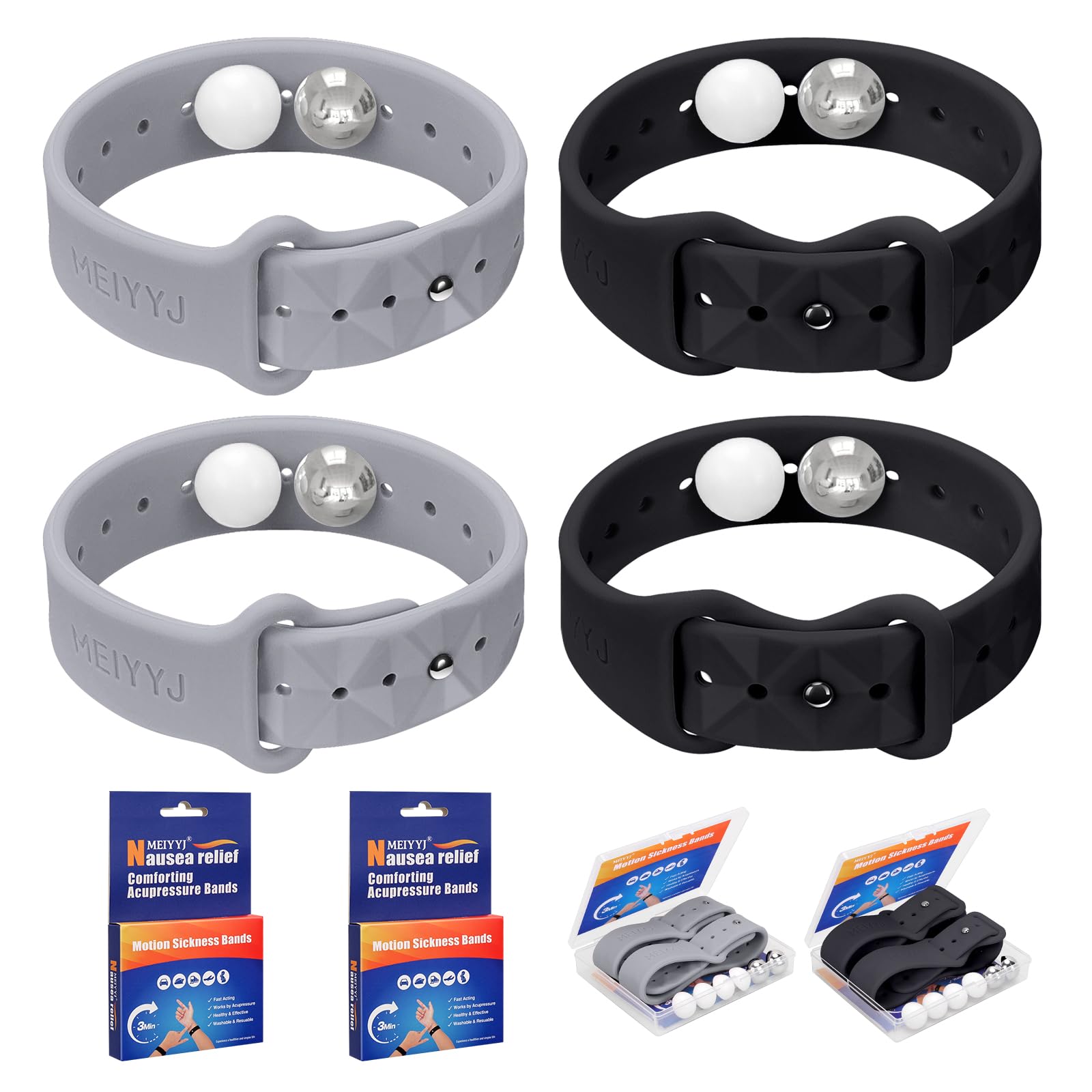 MEIYYJ motion sickness band black pair on wrist offers comfortable travel relief.