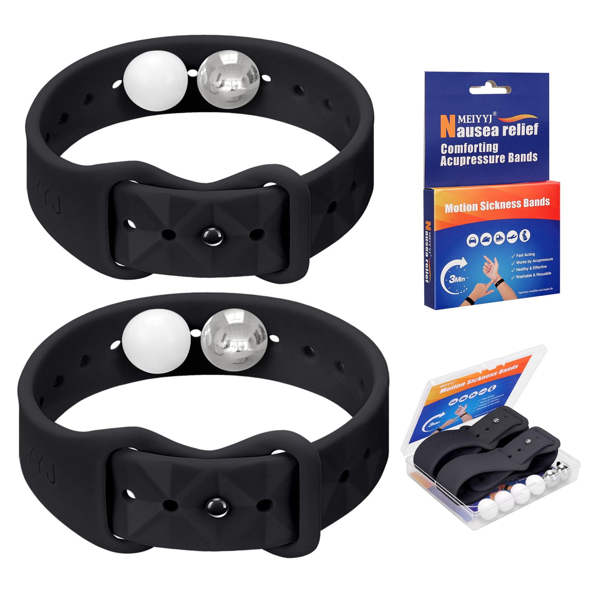 MEIYYJ motion sickness band in black wristband with soft comfortable fit for travel.