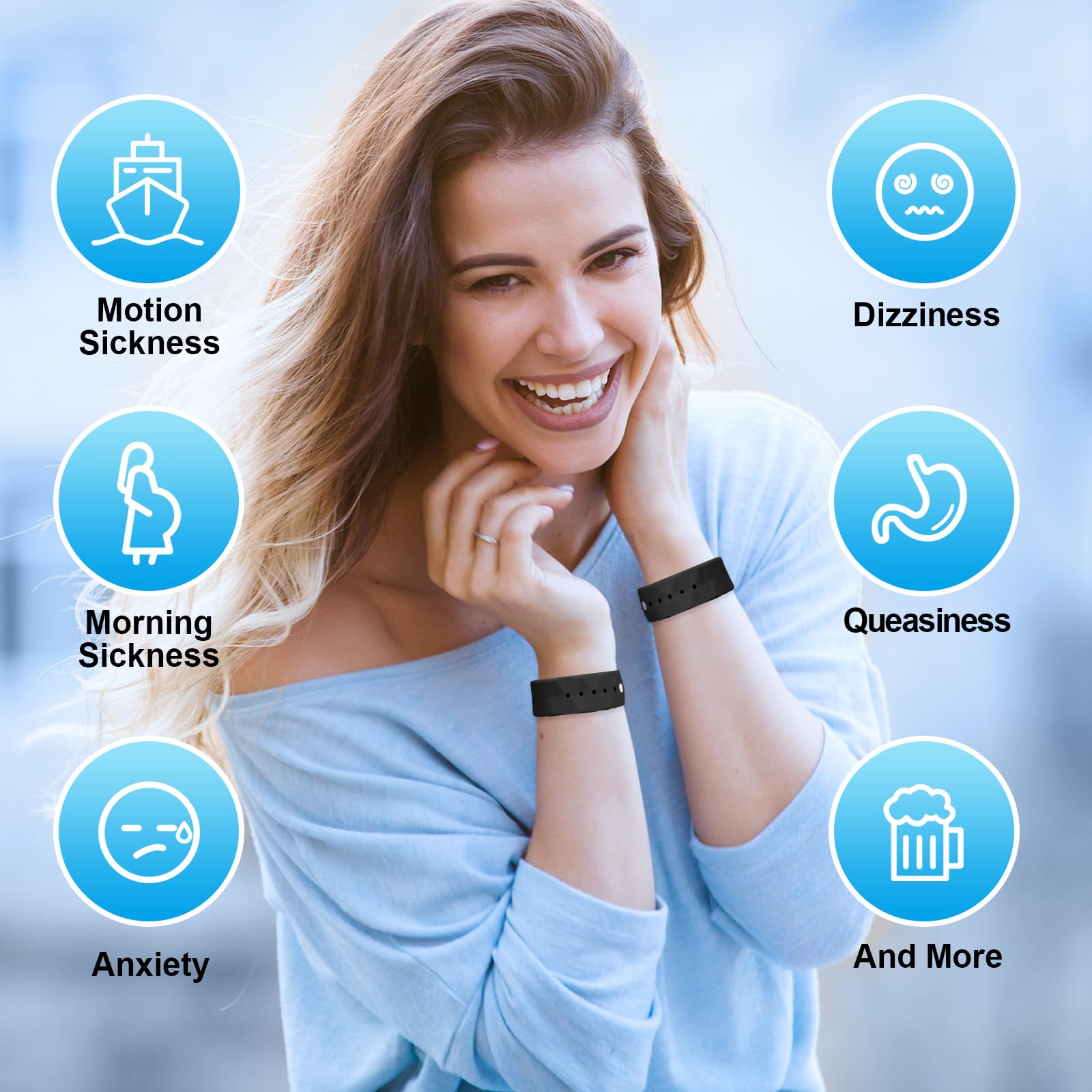 MEIYYJ blue motion sickness bands on wrist show beads for varied sensations