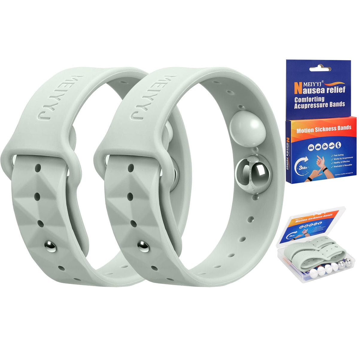 Meiyyj Morning Sickness Wristbands worn on the wrist for motion relief during travel.