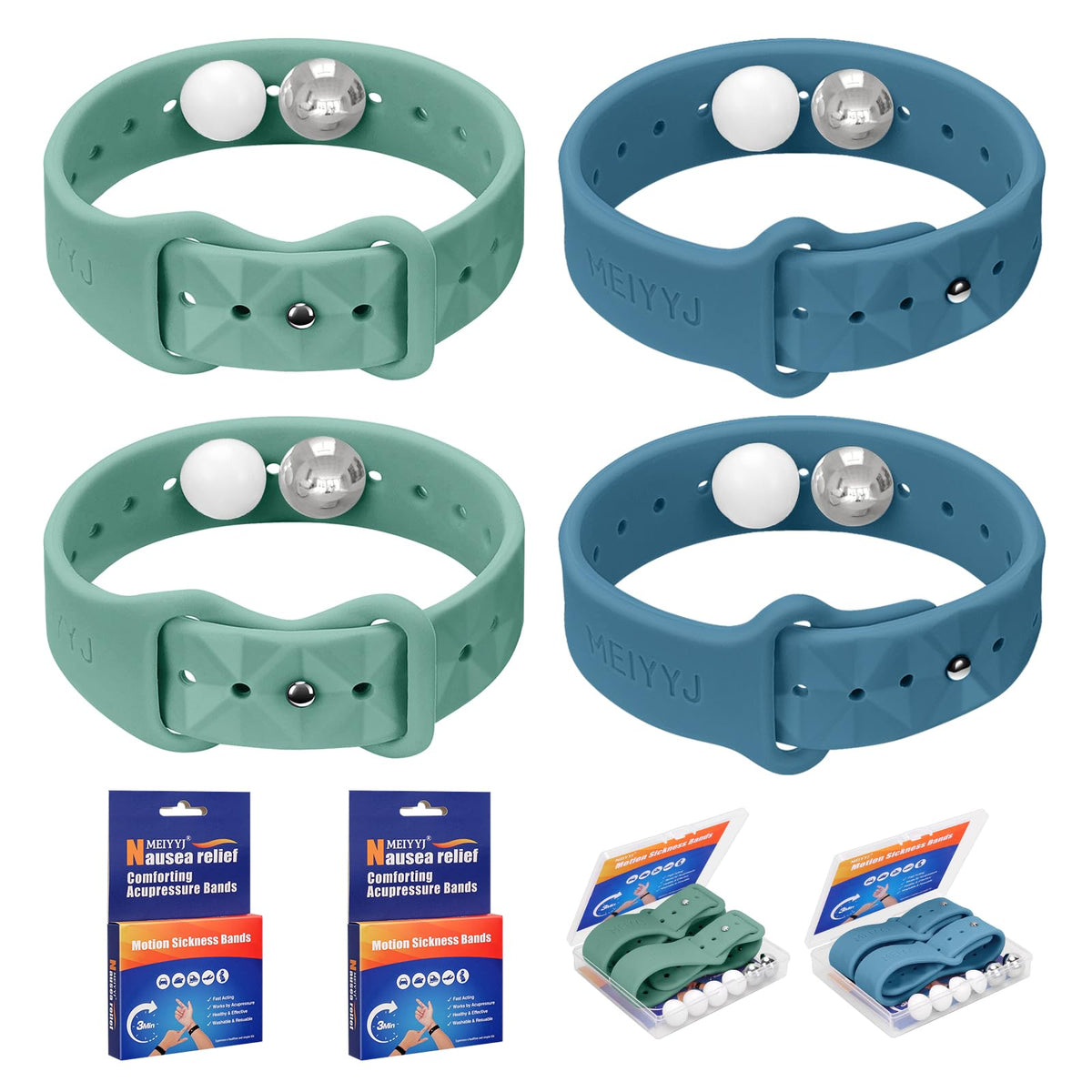 MEIYYJ motion sickness bands showing adjustable fit on wrist for comfortable travel use