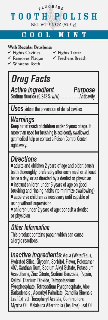 Close-up of Melaleuca Tooth Polish ingredients: papain, Melaleuca Oil, xylitol, myrrh, fluoride