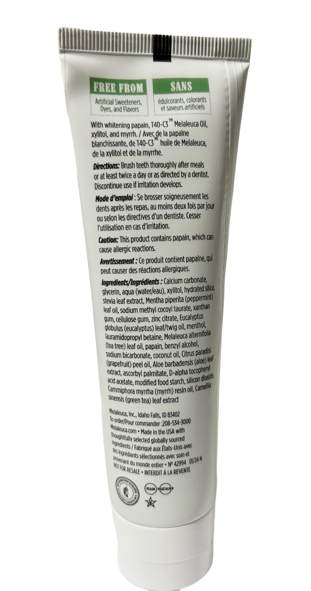Close-up of Melaleuca Whitening Tooth Polish tube