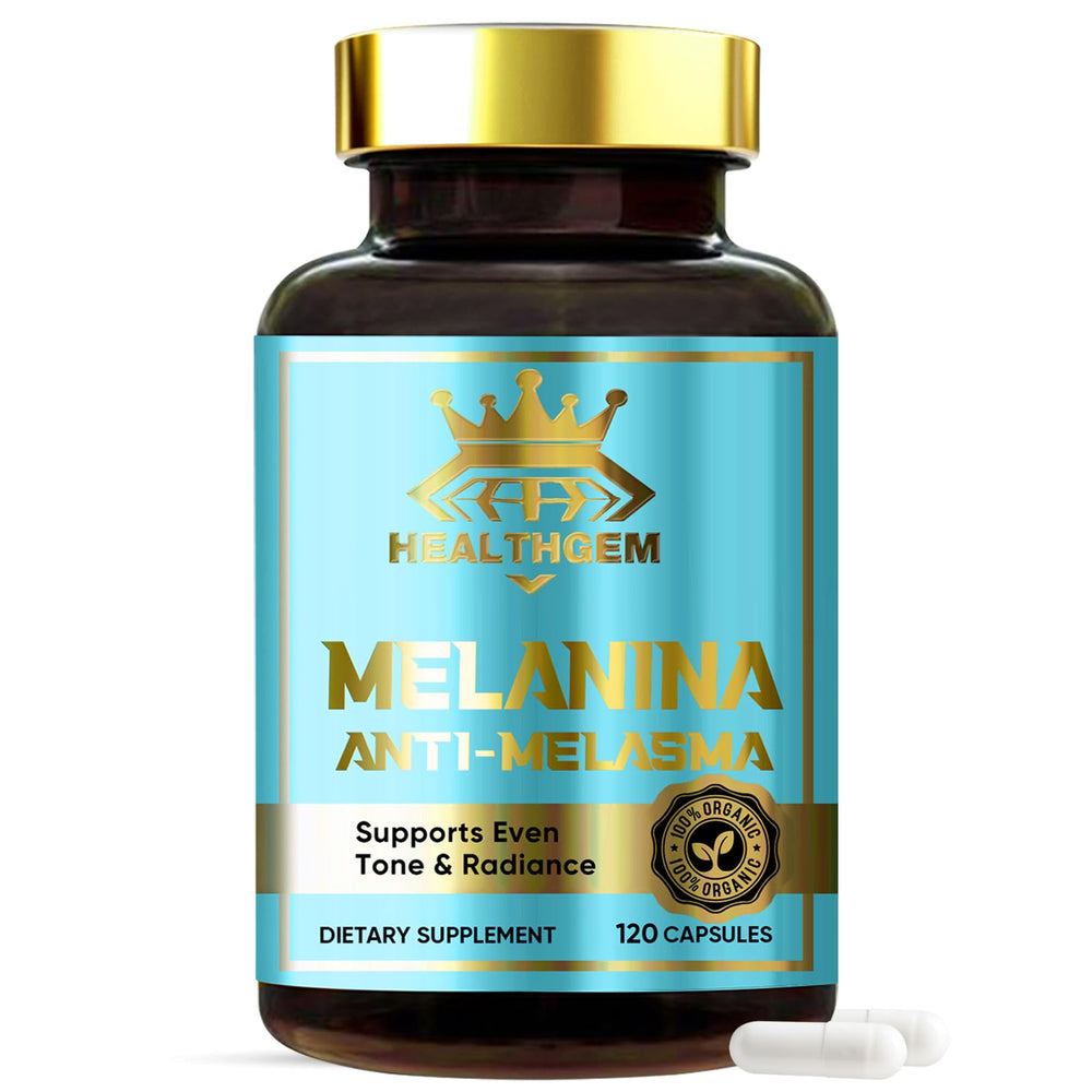 Front view of HEALTHGEM Melanina Anti-Melasma Capsules bottle