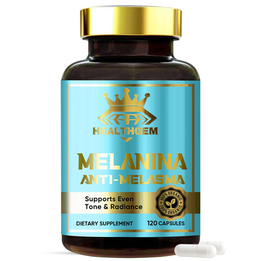 Front view of HEALTHGEM Melanina Anti-Melasma Capsules bottle