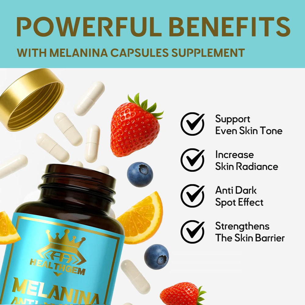 Illustration of Melanina ingredients: Ashwagandha, Turmeric, Podocarpus, Vitamin C