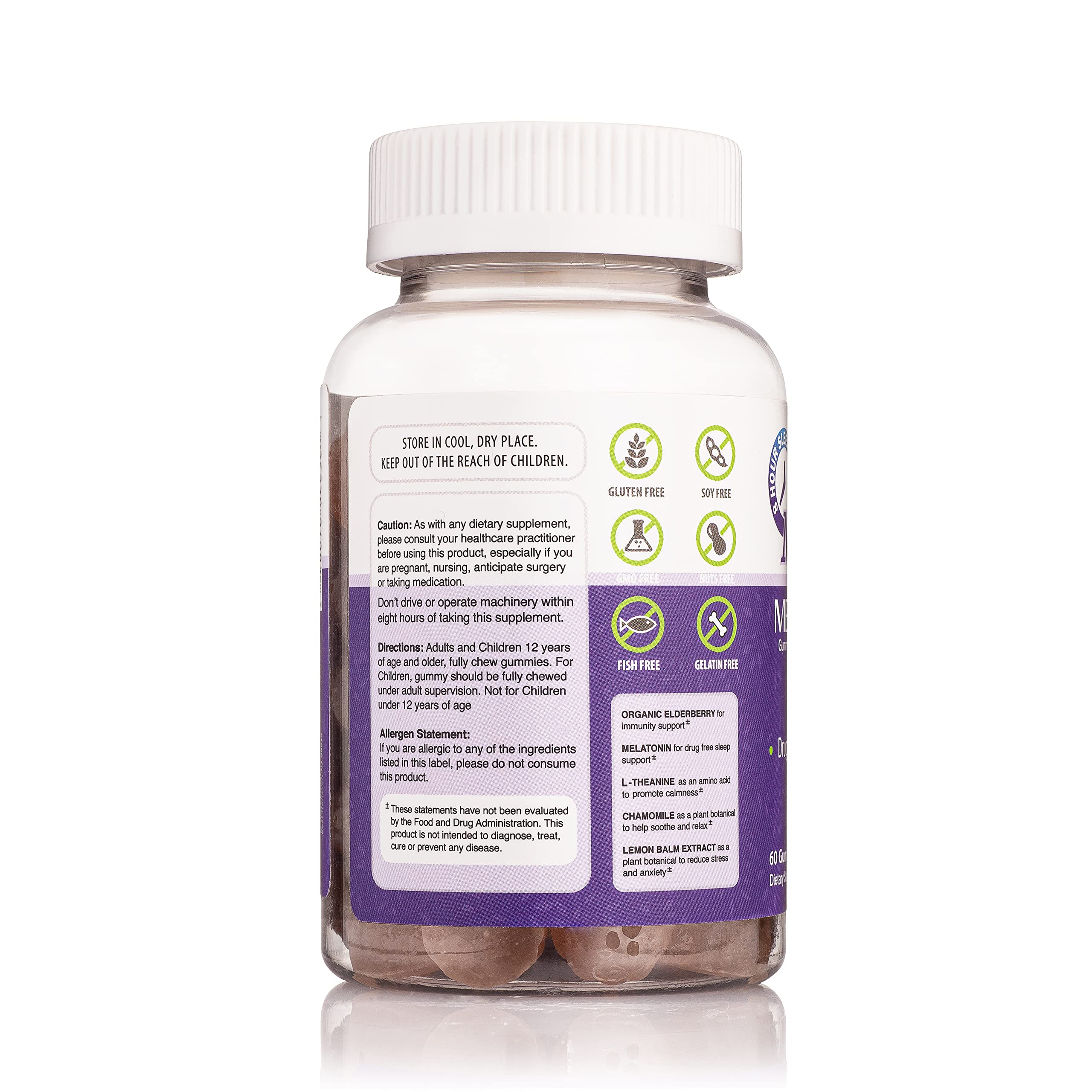 Melat-8 gummies label with certifications