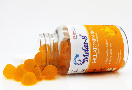 Close-up of Melat-8 gummies highlighting cherry orange flavor