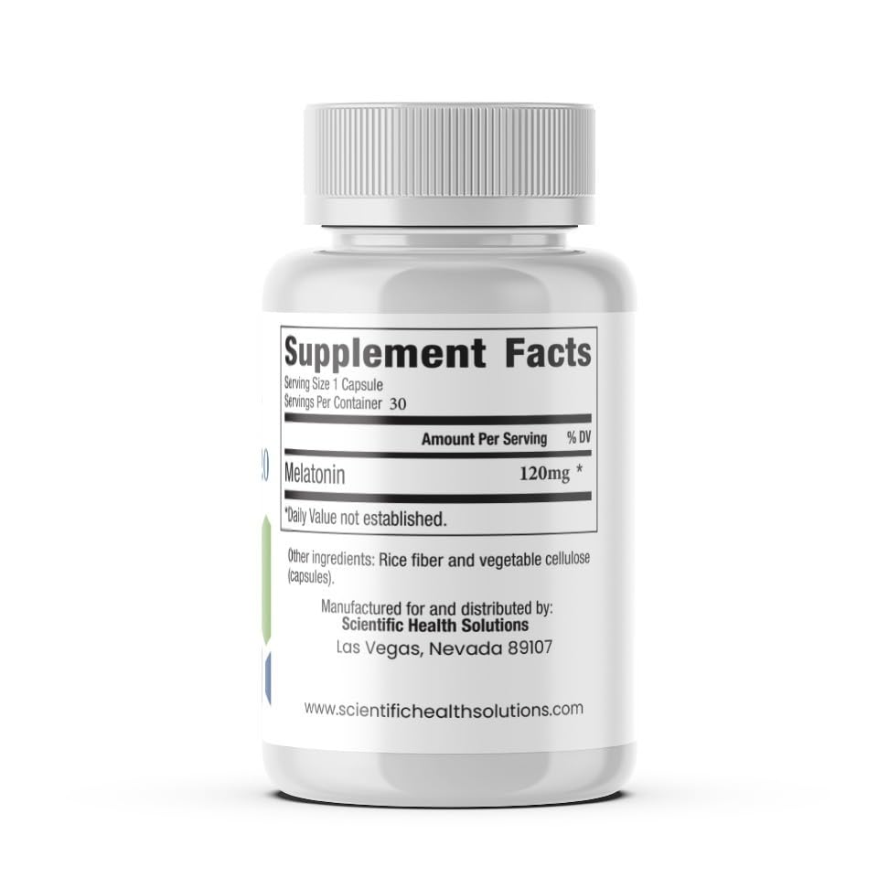 Close-up of vegan, non-GMO, gluten-free melatonin capsules 120mg