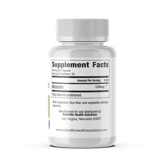 Close-up of vegan, non-GMO, gluten-free melatonin capsules 120mg