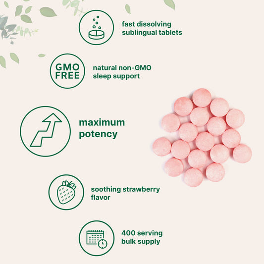Close-up of melatonin 20mg tablets showing strawberry flavor and quick-dissolve properties