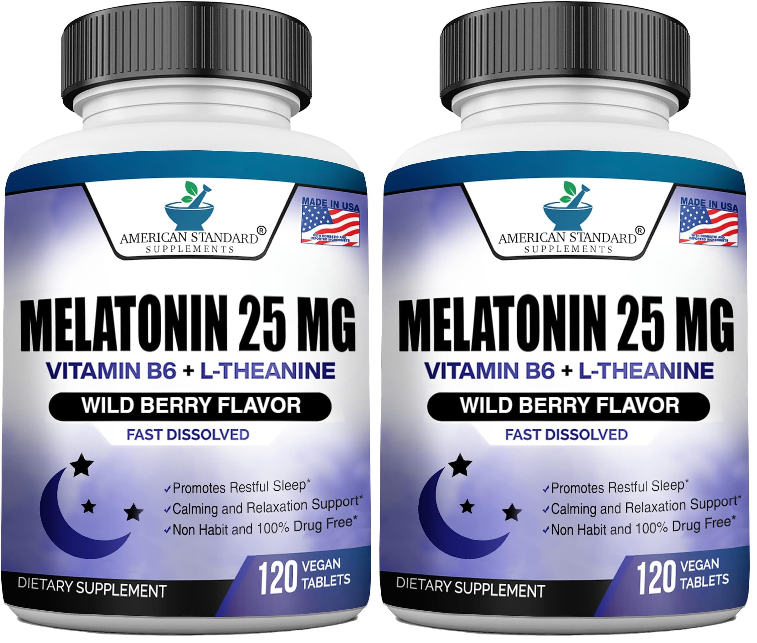 Melatonin 25mg chewable bottle label showing 120-count, pack of 2