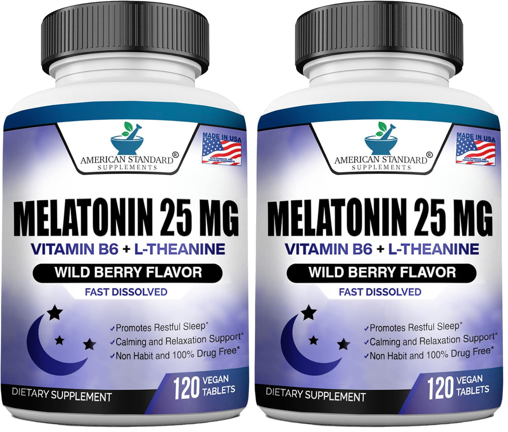 Melatonin 25mg chewable bottle label showing 120-count, pack of 2