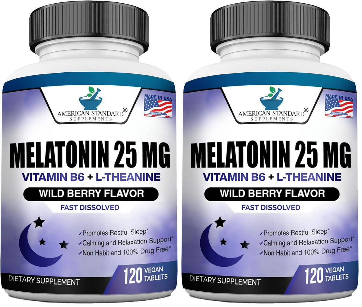 Melatonin 25mg chewable bottle label showing 120-count, pack of 2