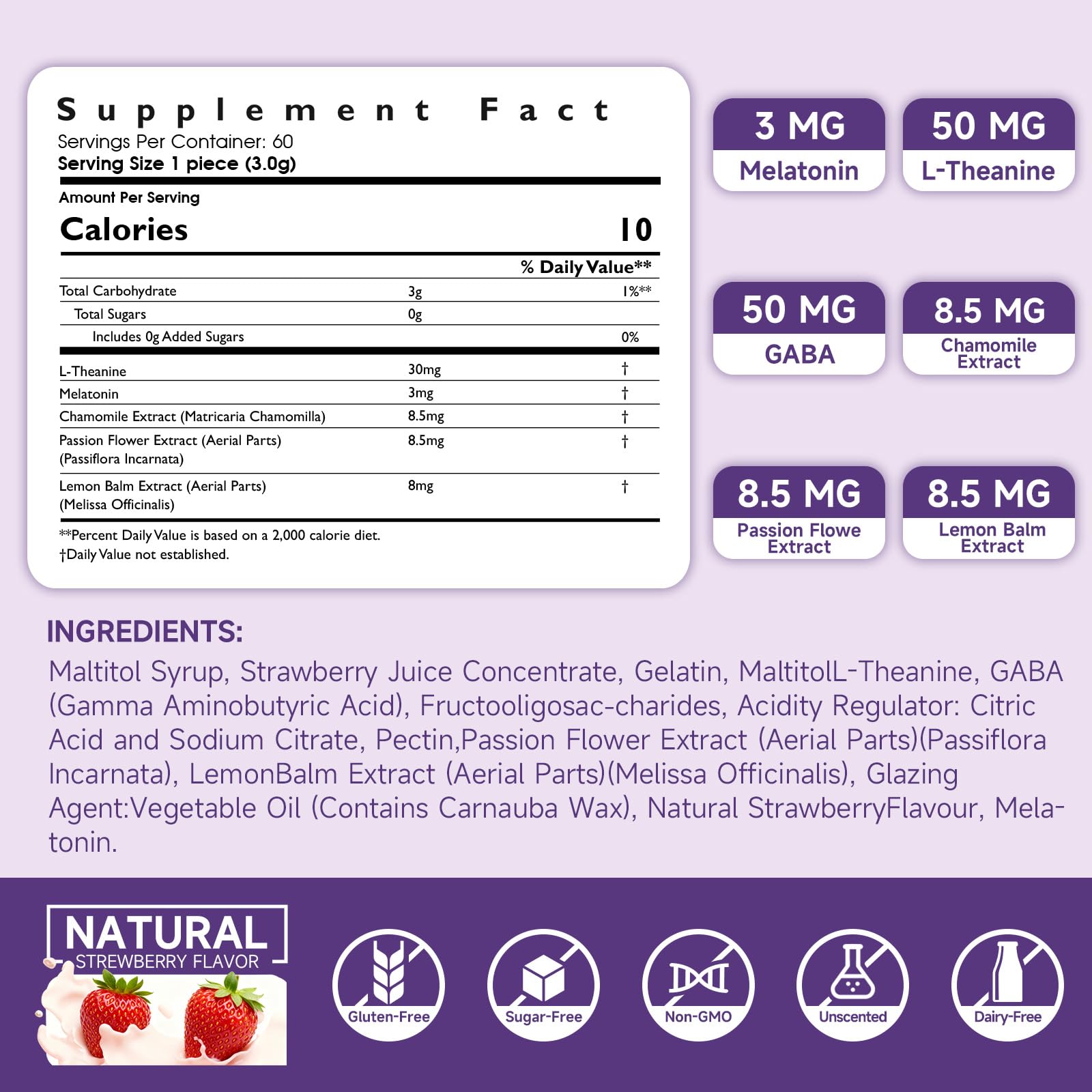 60-count bottle of vegan sugar-free strawberry gummies