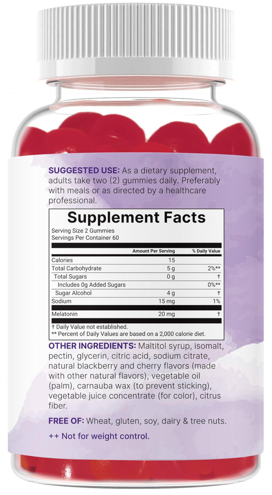 Close-up of 20 mg melatonin gummies in blackberry cherry flavor