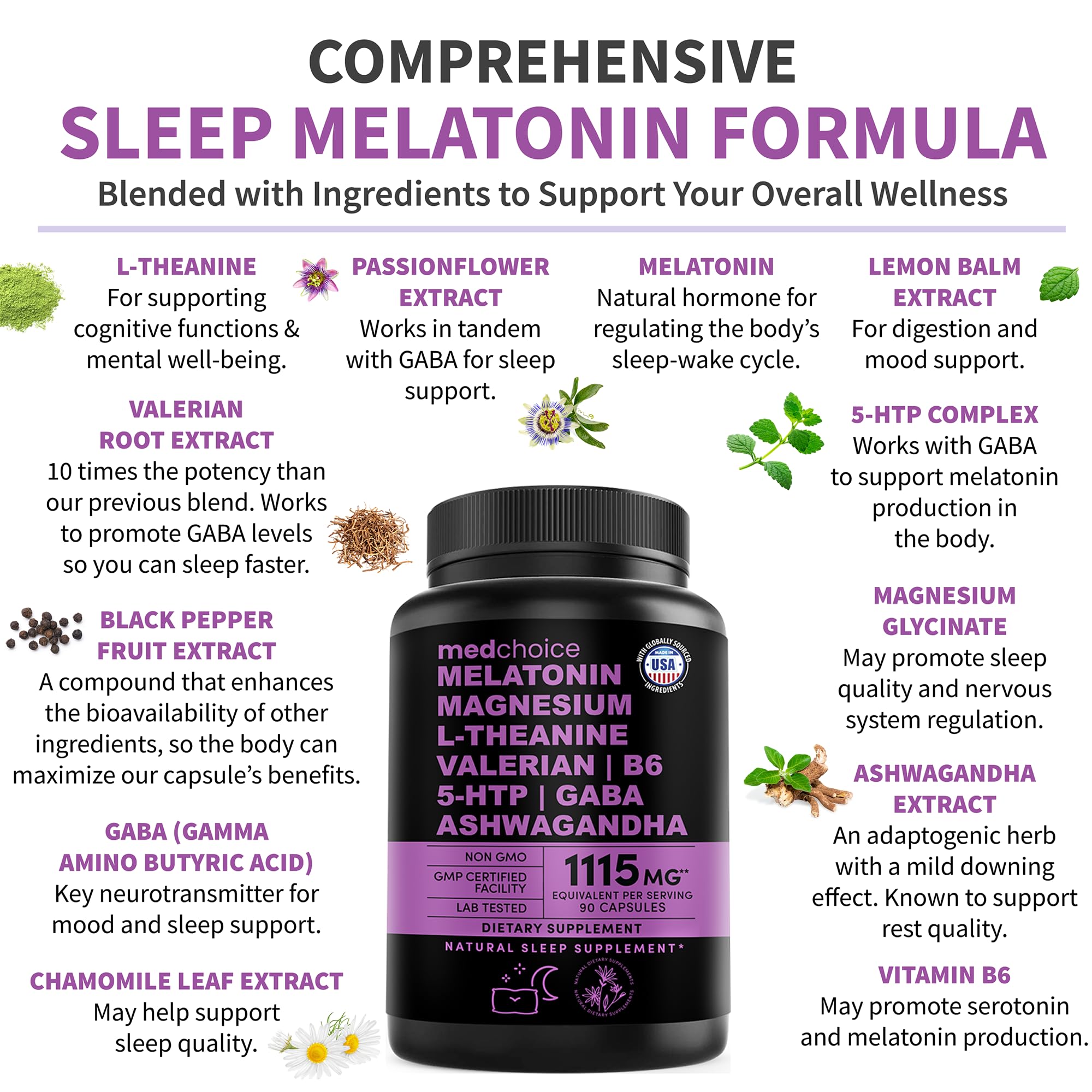 Visual of ingredients: ashwagandha, L-theanine, and valerian root