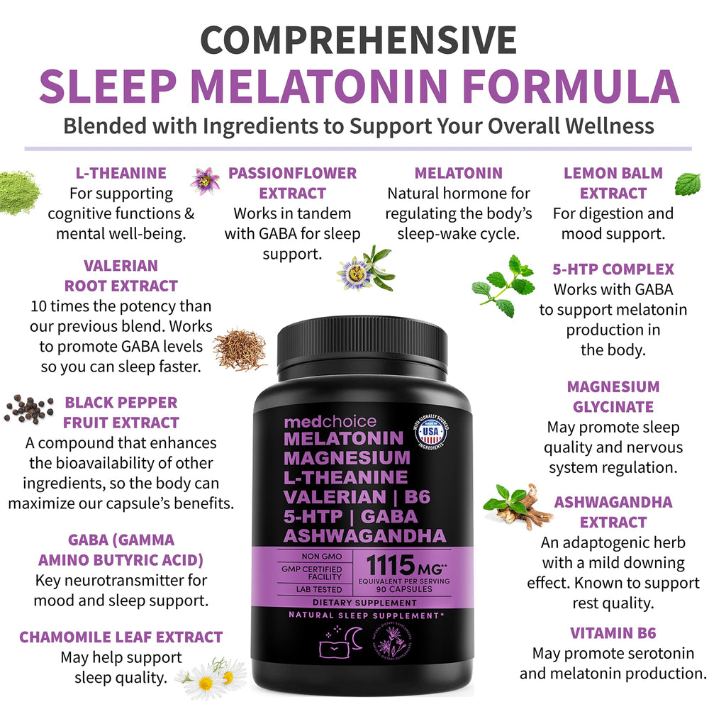 Visual of ingredients: ashwagandha, L-theanine, and valerian root
