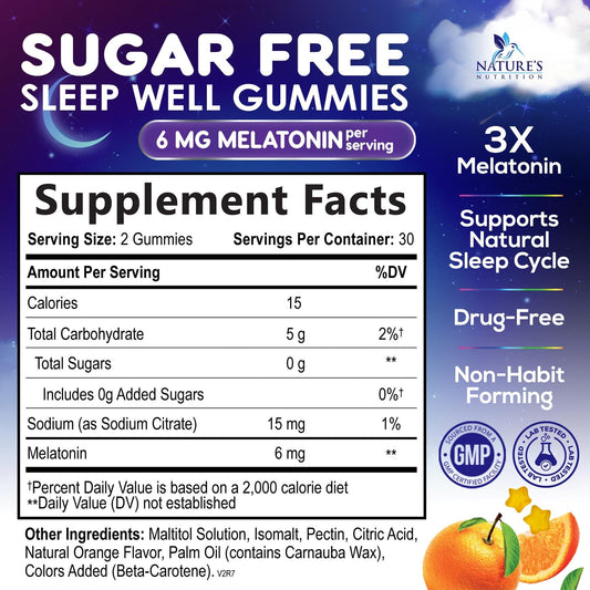 Melatonin Sleep Gummies 6 mg label showing Sugar Free and 60 count