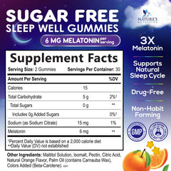 Melatonin Sleep Gummies 6 mg label showing Sugar Free and 60 count