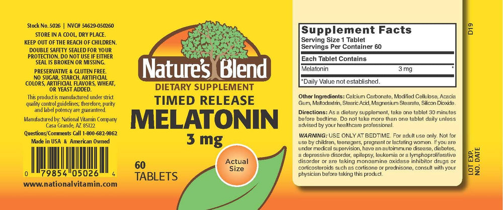 Nature's Blend Melatonin Timed Release packaging close-up
