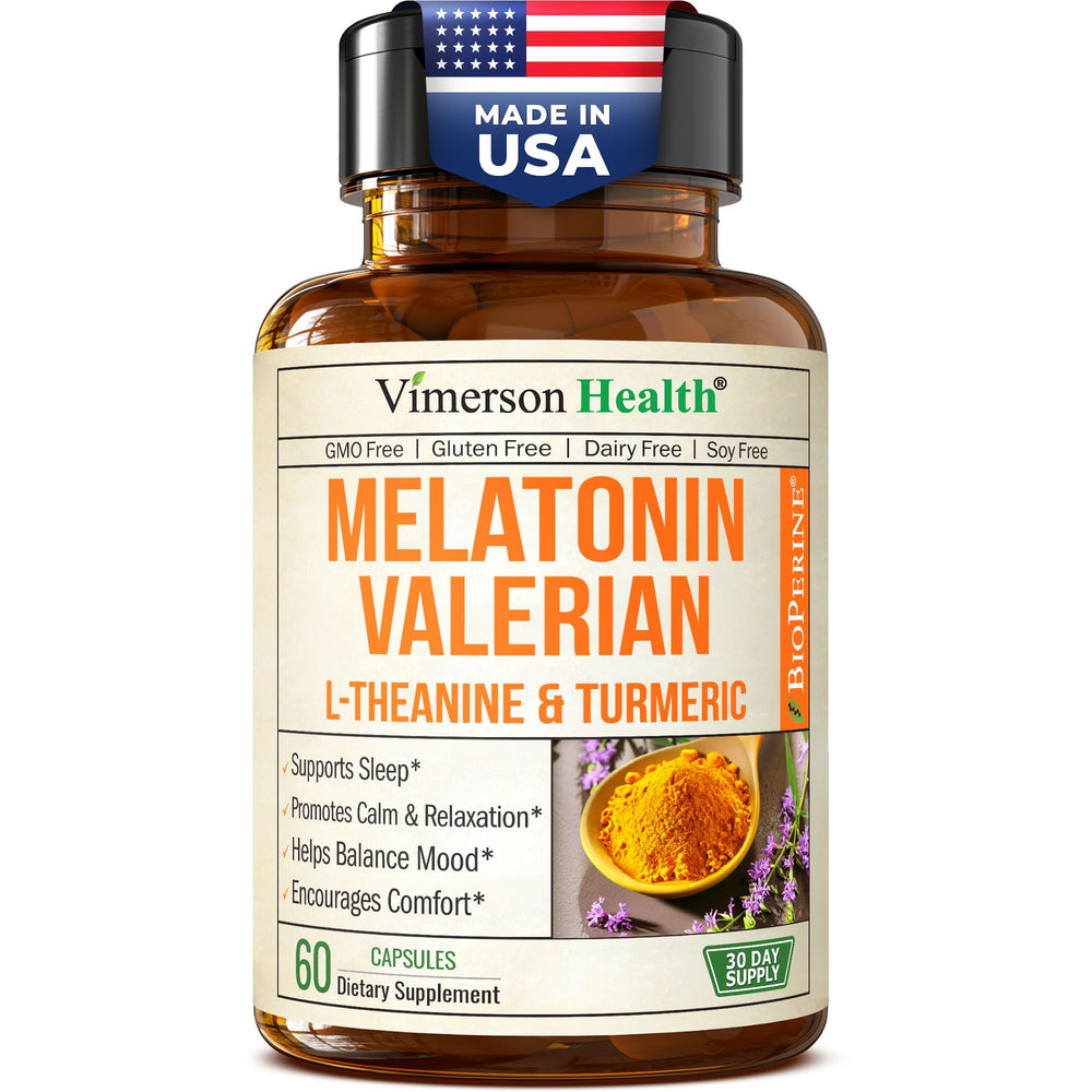 Melatonin Sleep Aid bottle with L-Theanine and Valerian Root - 60 capsules