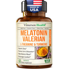 Melatonin Sleep Aid bottle with L-Theanine and Valerian Root - 60 capsules