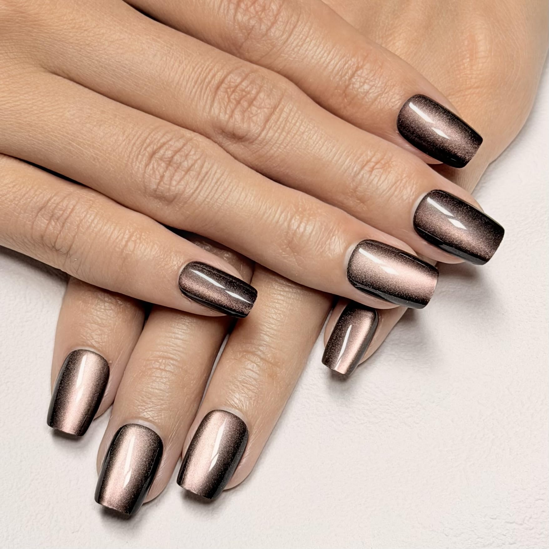 Melines 30-piece brown cat-eye short square nails set for natural-looking, easy at-home manicure.