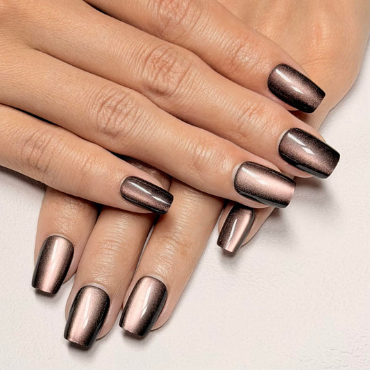 Melines 30-piece brown cat-eye short square nails set for natural-looking, easy at-home manicure.