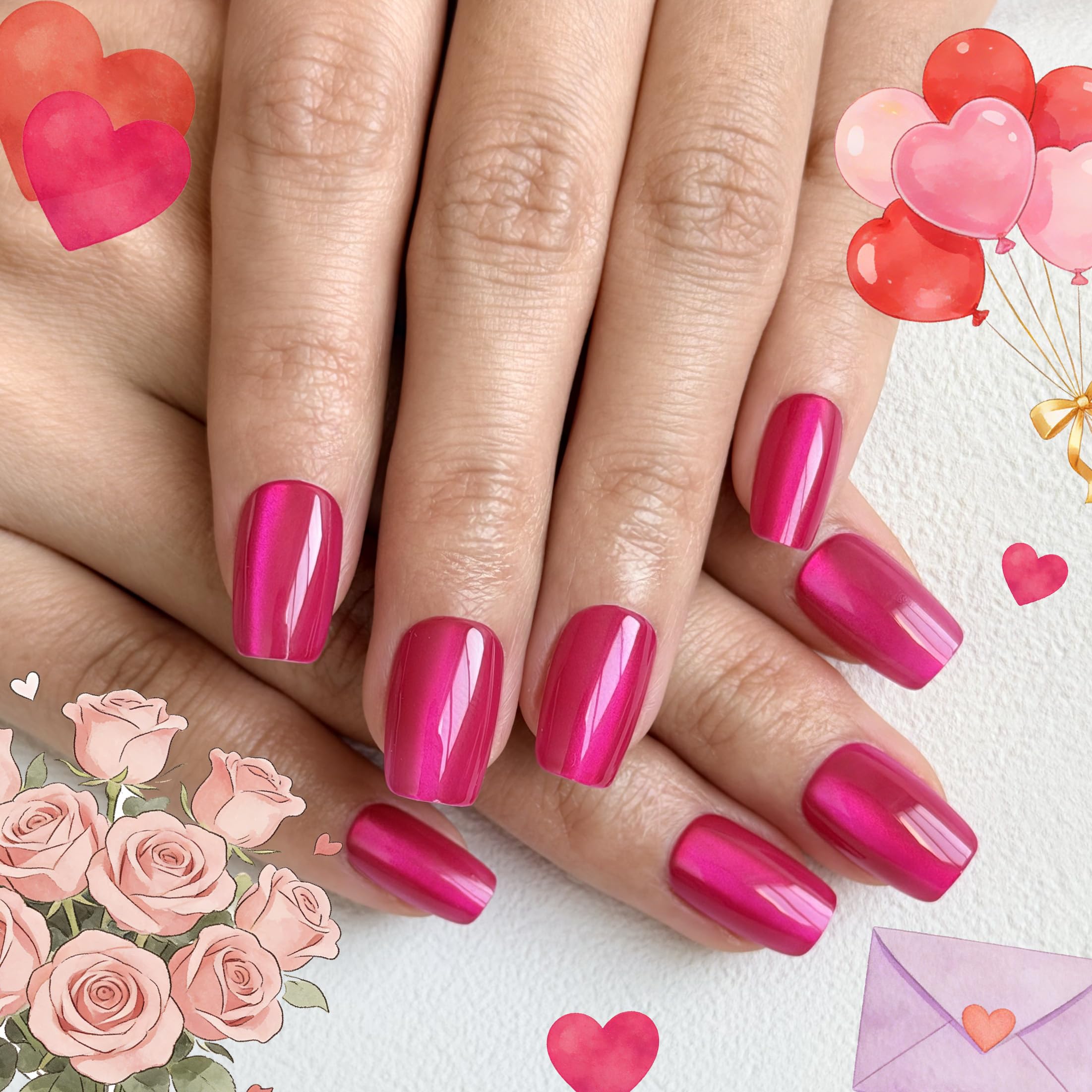 Melines Valentine's cat-eye nails in hot pink on square tips for a bold manicure.