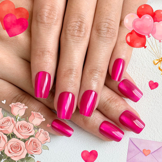 Melines Valentine's cat-eye nails in hot pink on square tips for a bold manicure.