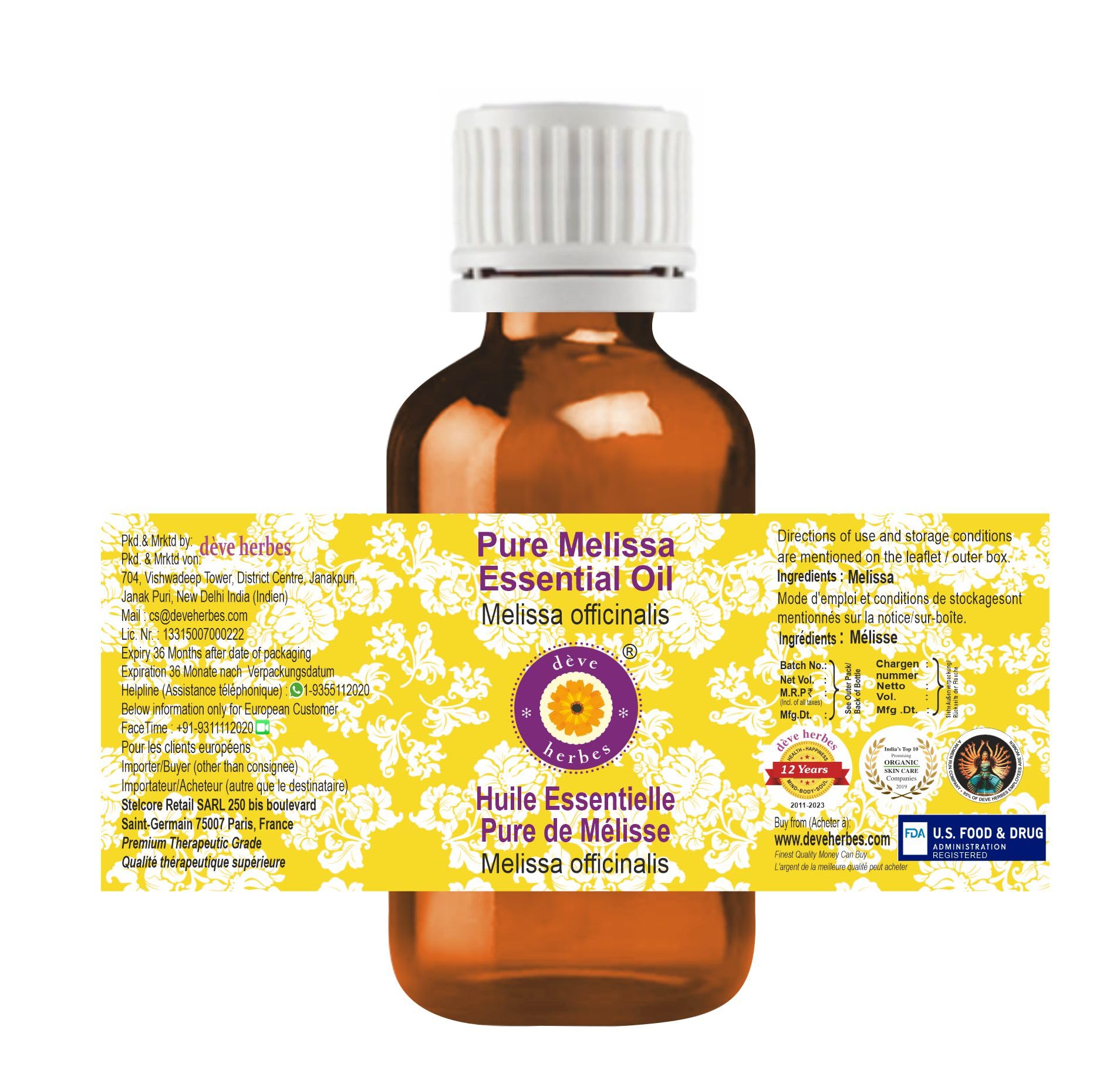 Pure Melissa officinalis essential oil in amber bottle