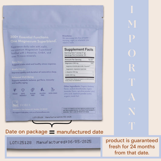 Close-up of mellö Magnesium Superblend Powder label