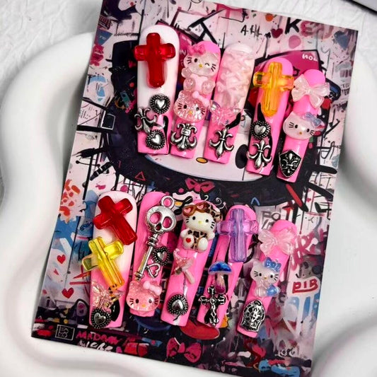 MellowBells Lize L handmade nails with black baroque and ruby accents for elegant everyday wear