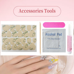 MellowBells nail art kit showing glue, stickers, mini file for at-home manicures.