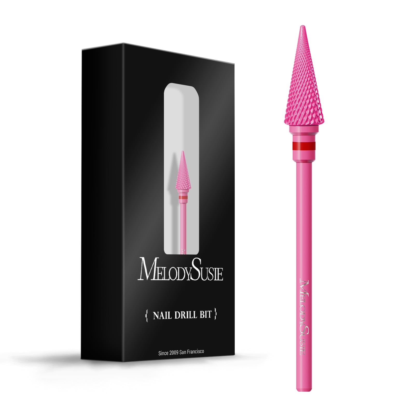 MelodySusie tapered nib nail drill bit in pink blossom for precise dead-skin removal.