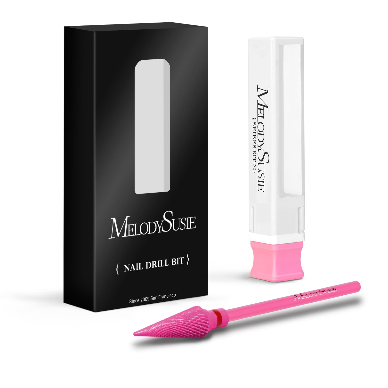 MelodySusie universal 3-32 nail bit in pink blossom shown in studio use.