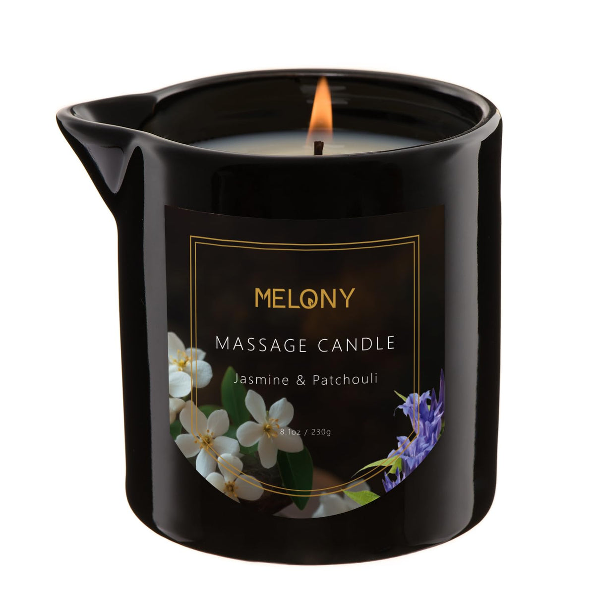 MELONY Luxury Massage Candle jar featuring Jasmine & Patchouli label