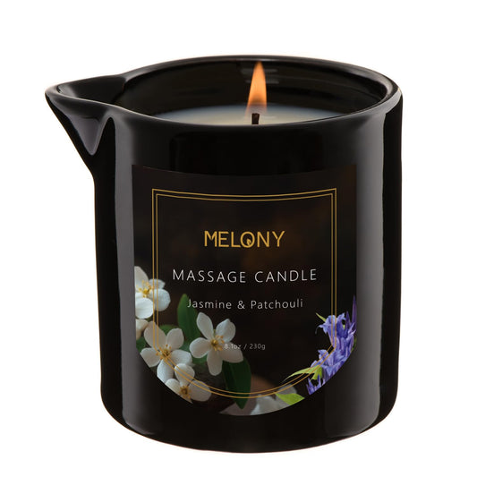 MELONY Luxury Massage Candle jar featuring Jasmine & Patchouli label