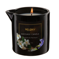 MELONY Luxury Massage Candle jar featuring Jasmine & Patchouli label