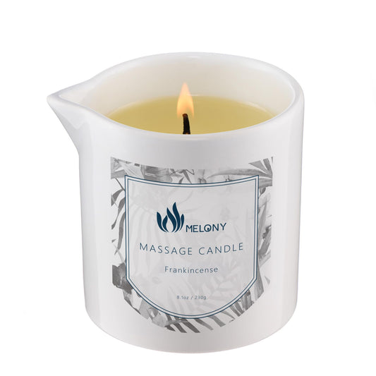 MELONY Massage Candle 8.1oz with Frankincense label