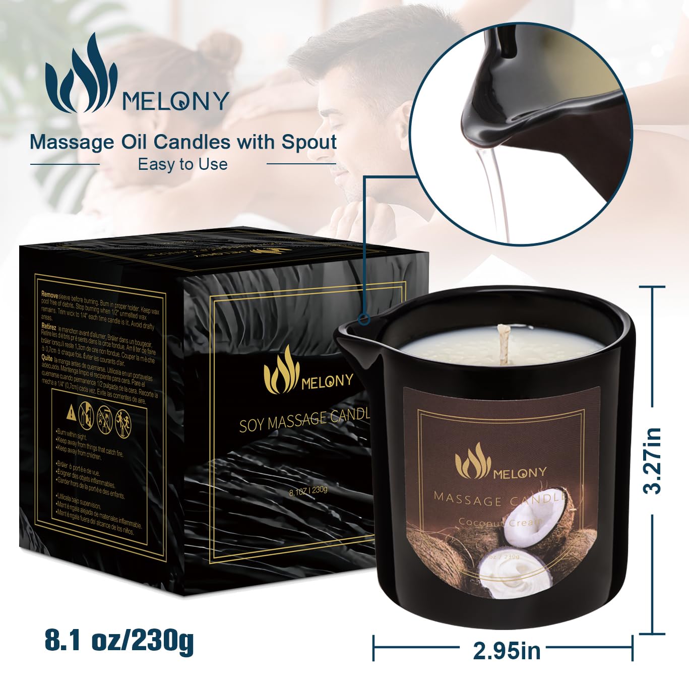 Close-up of MELONY coconut cream massage candle jar