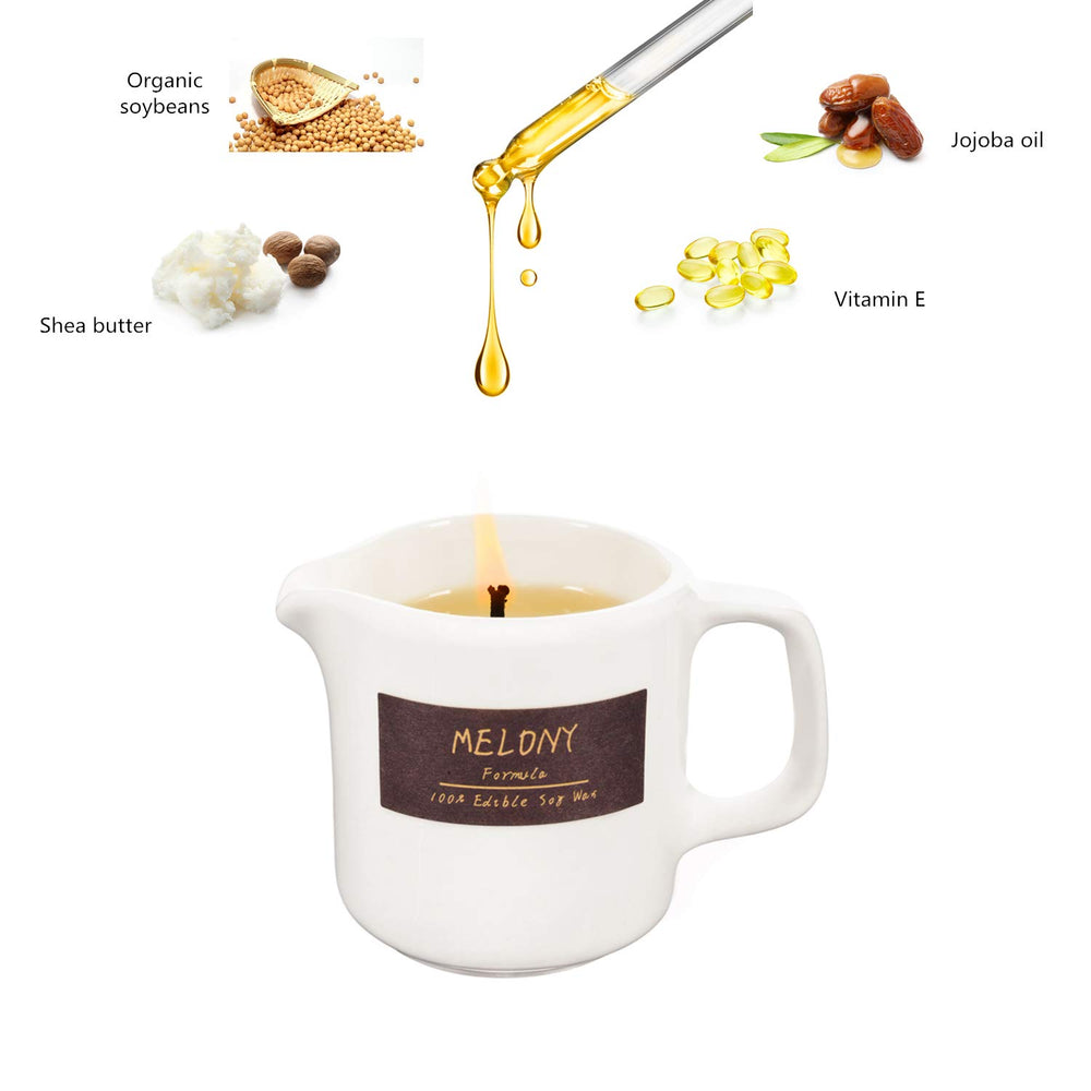 Display of ingredients: almond oil, shea butter, cocoa butter beside candle